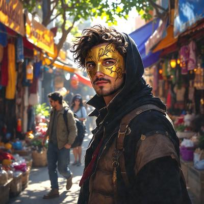 The primary subject of the image is a man wearing a gold and black mask, standing on a street. The setting is an outdoor marketplace, with various people and objects around him. The visual style appears to be a photo, capturing the man's unique appearance and the lively atmosphere of the marketplace. The colors and mood of the image are vibrant and energetic, with the man's mask and the bustling marketplace creating a sense of excitement and intrigue.